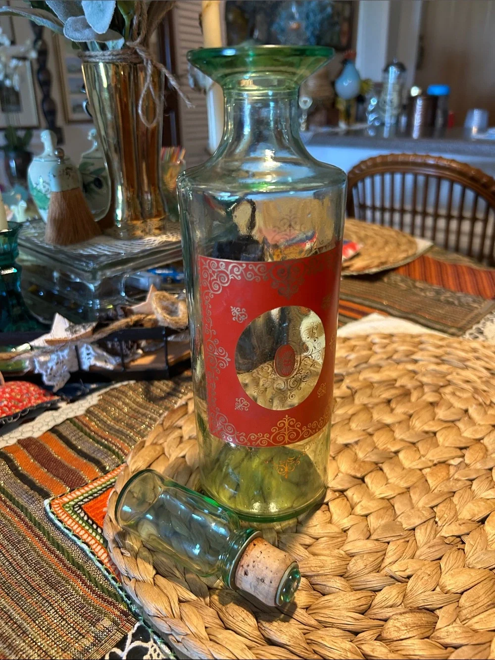 Vintage 1960’s Old Fitzgerald Venetian Green Glass Bourbon Decanter Bottle